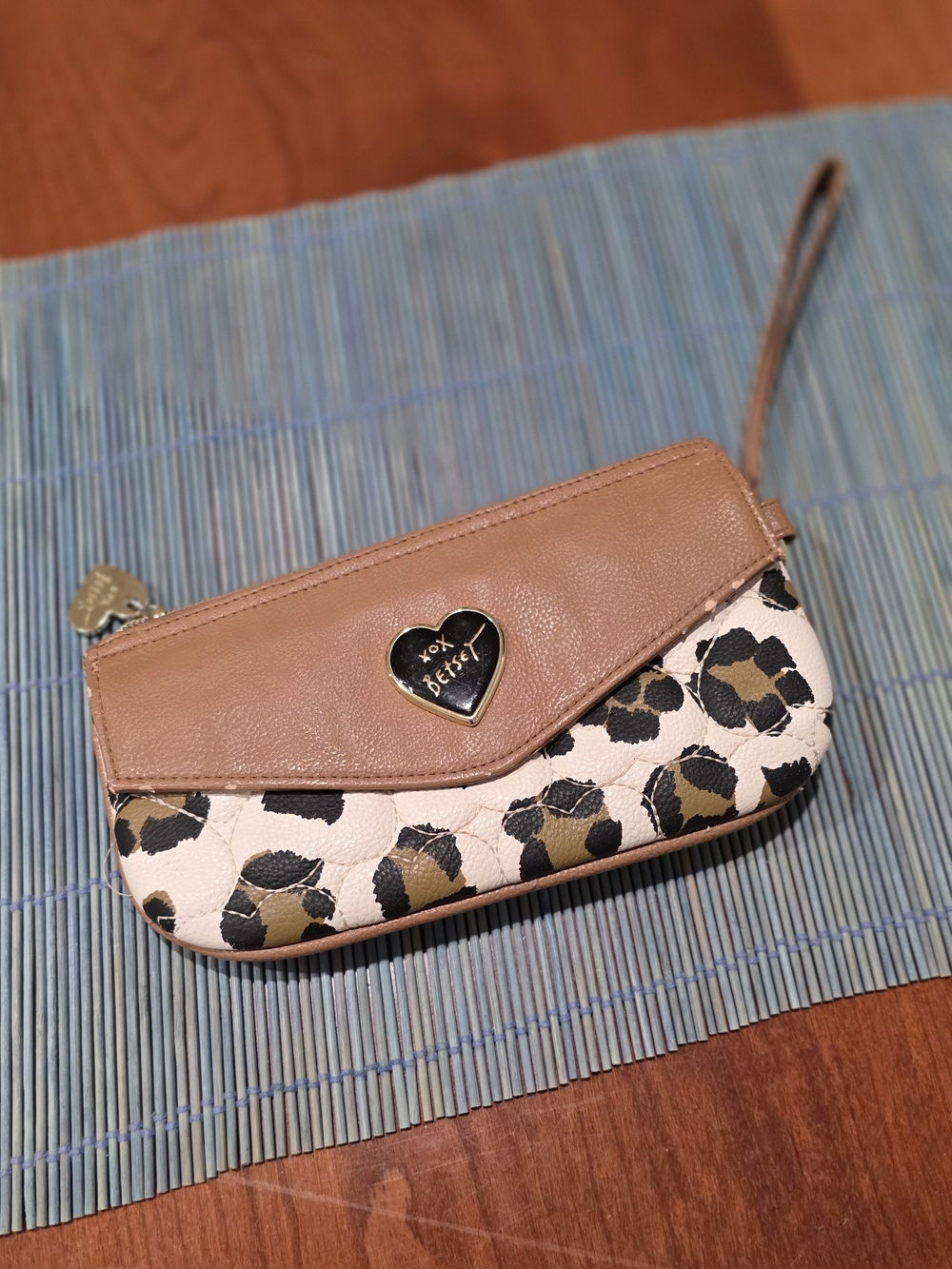 Betsey Johnson Tan and Black Leopard-Print Wristlet Clutch